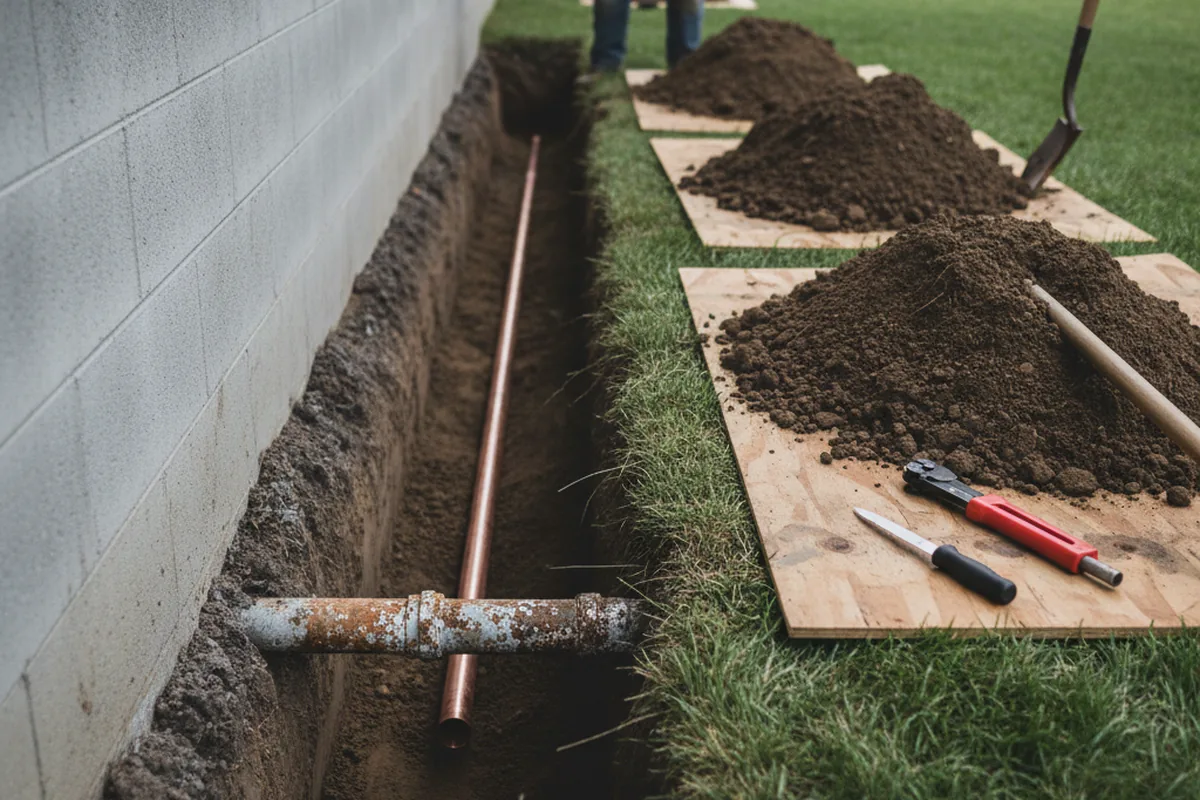 Excavated water line trench during Water Heater Repair in Higginsport